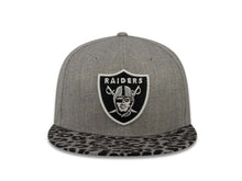 Load image into Gallery viewer, Oakland Raiders New Era 59FIFTY 5950 Fitted Cap Hat Heather Gray Crown Black Leopard Print Visor Team Color Logo (Leopardvize)