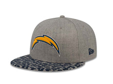 Load image into Gallery viewer, Los Angeles Chargers New Era NFL 59FIFTY 5950 Fitted Cap Hat Heather Gray Crown Navy Leopard Print Visor Team Color Logo (Leopardvize)