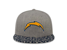 Load image into Gallery viewer, Los Angeles Chargers New Era NFL 59FIFTY 5950 Fitted Cap Hat Heather Gray Crown Navy Leopard Print Visor Team Color Logo (Leopardvize)
