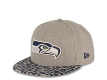 Load image into Gallery viewer, (Leopardvize) Seattle Seahawks New Era NFL 59FIFTY 5950 Fitted Cap Hat Heather Gray Crown Navy Blue/Gray Leopard Visor Team Color Logo