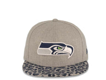 Load image into Gallery viewer, (Leopardvize) Seattle Seahawks New Era NFL 59FIFTY 5950 Fitted Cap Hat Heather Gray Crown Navy Blue/Gray Leopard Visor Team Color Logo