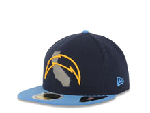 Load image into Gallery viewer, San Diego Chargers New Era NFL 59FIFTY 5950 Fitted Cap Hat Navy Crown Sky Blue Visor Yellow Logo with California Reflective State Map