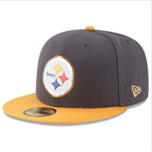Load image into Gallery viewer, Pittsburgh Steelers New Era NFL 59FIFTY 5950 Fitted Cap Hat Dark Gray Crown Yellow Visor Tea Color Logo