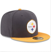Load image into Gallery viewer, Pittsburgh Steelers New Era NFL 59FIFTY 5950 Fitted Cap Hat Dark Gray Crown Yellow Visor Tea Color Logo