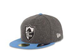 Load image into Gallery viewer, Los Angeles Chargers New Era NFL 59FIFTY 5950 Fitted Cap Hat Melton Gray Crown Sky Blue Visor Black/White Retro Shield Logo