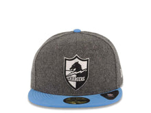 Load image into Gallery viewer, Los Angeles Chargers New Era NFL 59FIFTY 5950 Fitted Cap Hat Melton Gray Crown Sky Blue Visor Black/White Retro Shield Logo