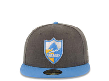 Load image into Gallery viewer, Los Angeles Chargers New Era NFL 59FIFTY 5950 Fitted Cap Hat Heather Dark Gray Crown Sky Blue Visor Team Color Retro Shield Logo