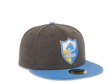 Load image into Gallery viewer, Los Angeles Chargers New Era NFL 59FIFTY 5950 Fitted Cap Hat Heather Dark Gray Crown Sky Blue Visor Team Color Retro Shield Logo