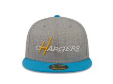 Load image into Gallery viewer, Los Angeles Chargers New Era NFL 59FIFTY 5950 Fitted Cap Hat Heather Gray Crown Sky Blue Visor Team Retro Color Script Logo