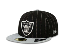 Load image into Gallery viewer, Oakland Raiders New Era 59FIFTY 5950 Fitted Cap Hat Black Crown White Pinstripe Gray Visor Team Color Logo