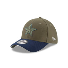 Load image into Gallery viewer, Dallas Cowboys New Era NFL 39THIRTY 3930 Flexfit 2017 Salute To Service Cap Hat Green Crown Navy Visor Team Color Logo Camo UV