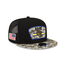 Load image into Gallery viewer, Los Angeles Rams New Era NFL 9FIFTY 950 Snapback 2021 Salute To Service Cap Hat Mesh Black Crown Camo Visor Patch Logo