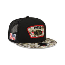 Load image into Gallery viewer, San Francisco 49ers New Era NFL 9FIFTY 950 Snapback 2021 Salute To Service Cap Hat Mesh Black Crown Camo Visor Patch Logo