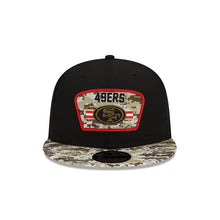 Load image into Gallery viewer, San Francisco 49ers New Era NFL 9FIFTY 950 Snapback 2021 Salute To Service Cap Hat Mesh Black Crown Camo Visor Patch Logo