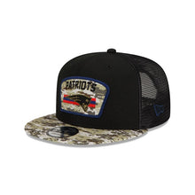 Load image into Gallery viewer, New England Patriots New Era NFL 9FIFTY 950 Snapback 2021 Salute To Service Cap Hat Mesh Black Crown Camo Visor Patch Logo