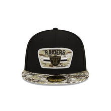 Load image into Gallery viewer, Las Vegas Raiders New Era 59FIFTY 5950 Fitted 2021 Salute To Service Cap Hat Black Crown Camo Visor Team Color Logo