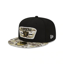 Load image into Gallery viewer, Las Vegas Raiders New Era 59FIFTY 5950 Fitted 2021 Salute To Service Cap Hat Black Crown Camo Visor Team Color Logo