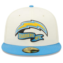 Load image into Gallery viewer, Los Angeles Chargers New Era NFL 59FIFTY 5950 Fitted Cap Hat Cream Crown Sky Blue Visor Glisten Team Color Logo Sky Blue UV (2022 Sideline)