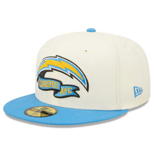 Load image into Gallery viewer, Los Angeles Chargers New Era NFL 59FIFTY 5950 Fitted Cap Hat Cream Crown Sky Blue Visor Glisten Team Color Logo Sky Blue UV (2022 Sideline)