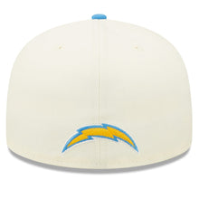 Load image into Gallery viewer, Los Angeles Chargers New Era NFL 59FIFTY 5950 Fitted Cap Hat Cream Crown Sky Blue Visor Glisten Team Color Logo Sky Blue UV (2022 Sideline)