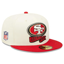Load image into Gallery viewer, San Francisco 49ers New Era NFL 59FIFTY 5950 Fitted 2022 Sideline Cap Hat Cream Crown Red Visor Team Color Logo