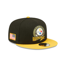 Load image into Gallery viewer, Pittsburgh Steelers New Era NFL 9FIFTY 950 Snapback Cap Hat Black Crown Yellow Visor Camo Logo (2022 Salute To Service)