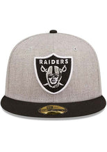 Load image into Gallery viewer, Las Vegas Raiders New Era 59FIFTY 5950 Fitted Cap Hat Heather Gray Crown Black Visor Team Color Logo With Side Patch