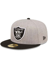 Load image into Gallery viewer, Las Vegas Raiders New Era 59FIFTY 5950 Fitted Cap Hat Heather Gray Crown Black Visor Team Color Logo With Side Patch