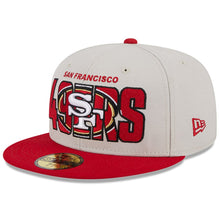 Load image into Gallery viewer, San Francisco 49ers New Era NFL 59FIFTY 5950 Fitted Cap Hat Stone Crown Red Visor Team Color Logo (2023 Draft On Stage)