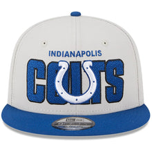 Load image into Gallery viewer, Indianapolis Colts New Era NFL 9FIFTY 950 Snapback Cap Hat Stone Crown Royal Blue Visor Royal Blue/White Logo (2023 Draft On Stage)