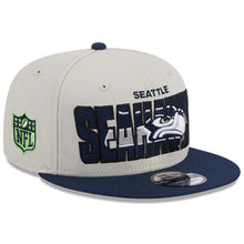 Load image into Gallery viewer, Seattle Seahawks New Era NFL 9FIFTY 950 Snapback Cap Hat Stone Crown Light Navy Blue Visor Team Color Logo (2023 Draft On Stage)