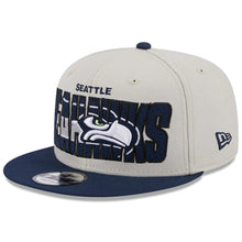 Load image into Gallery viewer, Seattle Seahawks New Era NFL 9FIFTY 950 Snapback Cap Hat Stone Crown Light Navy Blue Visor Team Color Logo (2023 Draft On Stage)