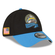 Load image into Gallery viewer, Los Angeles Chargers New Era NFL 39THIRTY 3930 Flexfit Cap Hat Black Crown Sky Blue Visor Team Color Logo (2022 Salute To Service)