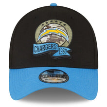 Load image into Gallery viewer, Los Angeles Chargers New Era NFL 39THIRTY 3930 Flexfit Cap Hat Black Crown Sky Blue Visor Team Color Logo (2022 Salute To Service)