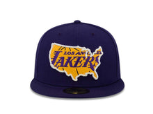 Load image into Gallery viewer, Los Angeles Lakers New Era NBA 59FIFTY 5950 Fitted Cap Hat Purple Crown/Visor Purple/Yellow US Map Logo (Team Insider II)