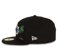 Load image into Gallery viewer, Los Angeles Lakers New Era NBA 59Fifty 5950 Fitted Cap Hat Black Crown/Visor Default Log with Palm Trees Taco Back Logo Gray UV
