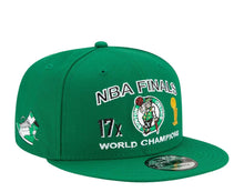 Load image into Gallery viewer, Boston Celtics New Era NBA 9FIFTY 950 Snapback Cap Hat Green Crown/Visor Team Color Logo 17x World Champions Patches (Finals Icon)