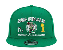 Load image into Gallery viewer, Boston Celtics New Era NBA 9FIFTY 950 Snapback Cap Hat Green Crown/Visor Team Color Logo 17x World Champions Patches (Finals Icon)