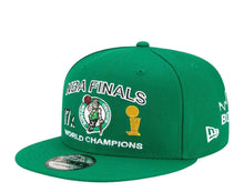 Load image into Gallery viewer, Boston Celtics New Era NBA 9FIFTY 950 Snapback Cap Hat Green Crown/Visor Team Color Logo 17x World Champions Patches (Finals Icon)