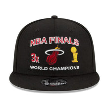Load image into Gallery viewer, Miami Heat New Era NBA 9FIFTY 950 Snapback Cap Hat Black Crown/Visor Team Color Logo 3x World Champions Patches (Finals Icon)