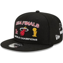 Load image into Gallery viewer, Miami Heat New Era NBA 9FIFTY 950 Snapback Cap Hat Black Crown/Visor Team Color Logo 3x World Champions Patches (Finals Icon)