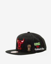 Load image into Gallery viewer, Chicago Bulls Mitchell & Ness NBA Snapback Cap Hat Black Crown/Visor Team Color Logo With Multiple Patches (Hyperlocal)