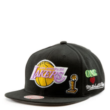 Load image into Gallery viewer, Los Angeles Lakers Mitchell & Ness NBA Snapback Cap Hat Black Crown/Visor Purple/Yellow Logo With Multiple Patches (Hyperlocal)