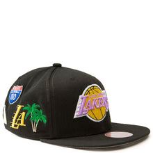 Load image into Gallery viewer, Los Angeles Lakers Mitchell & Ness NBA Snapback Cap Hat Black Crown/Visor Purple/Yellow Logo With Multiple Patches (Hyperlocal)