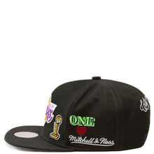 Load image into Gallery viewer, Los Angeles Lakers Mitchell & Ness NBA Snapback Cap Hat Black Crown/Visor Purple/Yellow Logo With Multiple Patches (Hyperlocal)