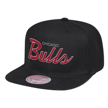 Load image into Gallery viewer, Chicago Bulls Mitchell & Ness NBA Snapback Cap Hat Black Crown/Visor Team Color Satin Script Logo Team Logo Side Patch