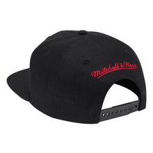 Load image into Gallery viewer, Chicago Bulls Mitchell & Ness NBA Snapback Cap Hat Black Crown/Visor Team Color Satin Script Logo Team Logo Side Patch
