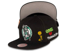 Load image into Gallery viewer, Boston Celtics Mitchell & Ness NBA Snapback Cap Hat Black Crown/Visor Team Color HWC Logo With Multiple Patches (Hyperlocal)