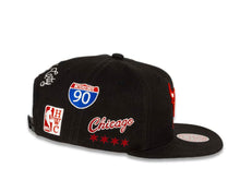 Load image into Gallery viewer, Chicago Bulls Mitchell & Ness NBA Snapback Cap Hat Black Crown/Visor Team Color HWC Logo With Multiple Patches (Hyperlocal)