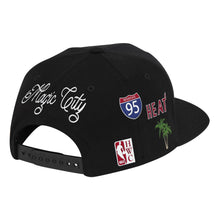 Load image into Gallery viewer, Miami Heat Mitchell & Ness NBA Core Classic Snapback Cap Hat Black Crown/Visor Team Color HWC Logo With Multiple Patches (Hyperlocal)